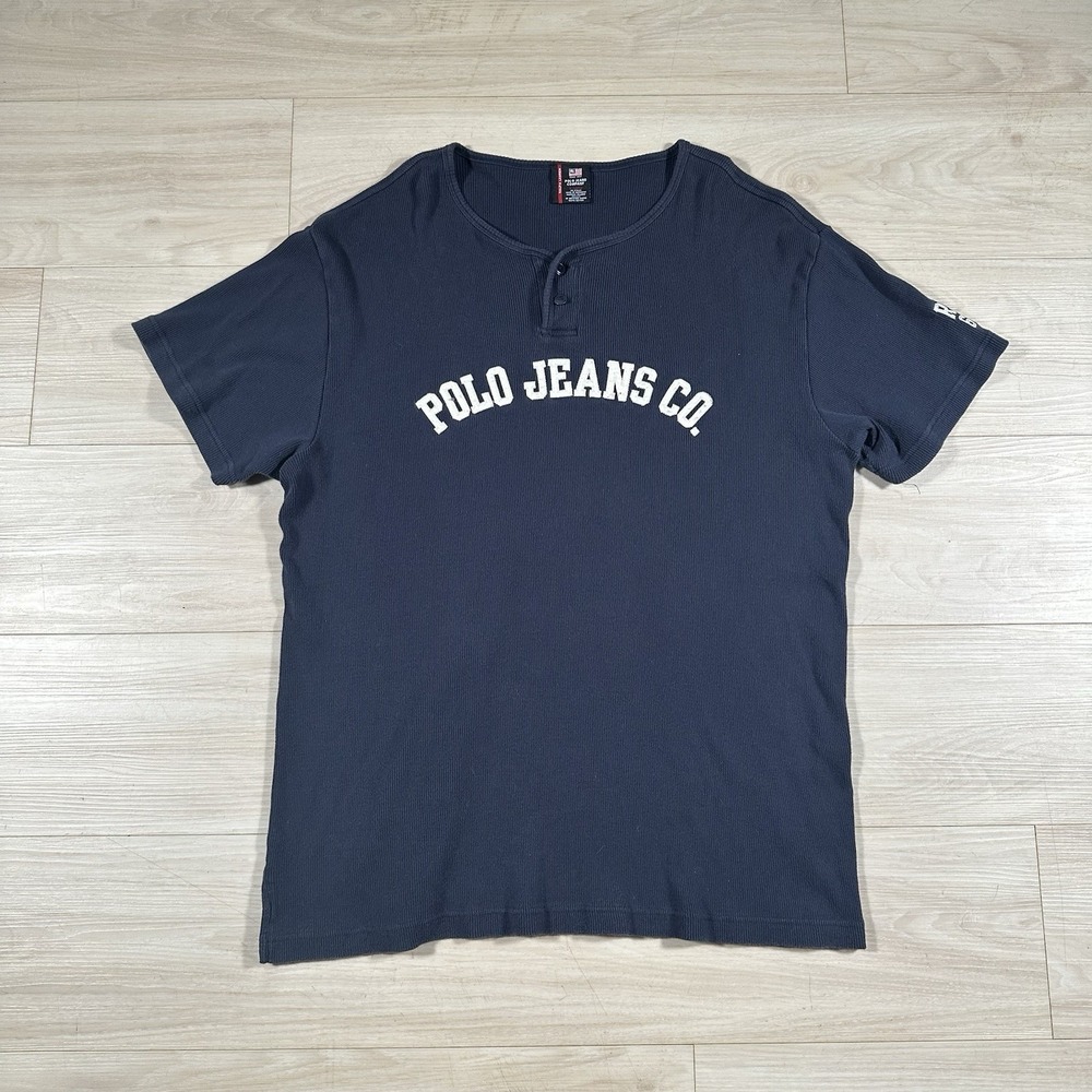 Polo Jeans Co Mens XL Henley 3 Button T-Shirt Blue Cotton Ribbed 90s Vintage